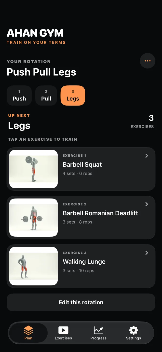 Ahan Gym iPhone app showing a planned workout rotation