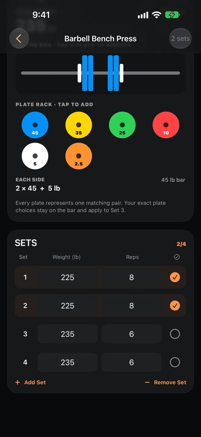 Bench press screen with completed and upcoming sets