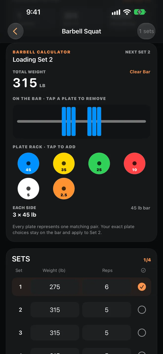 Barbell calculator showing a 315 pound total and selectable weight plates