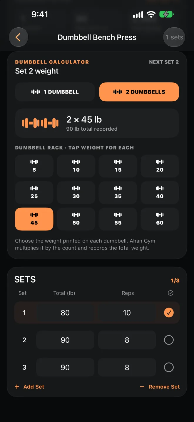 Dumbbell calculator showing two 45 pound dumbbells recorded as 90 pounds total