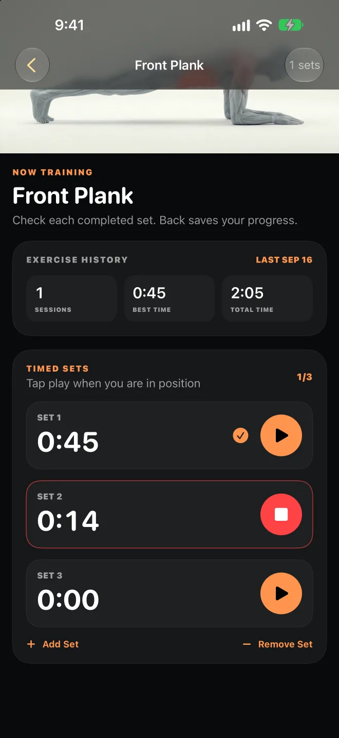 Front plank screen with timed sets and an active timer
