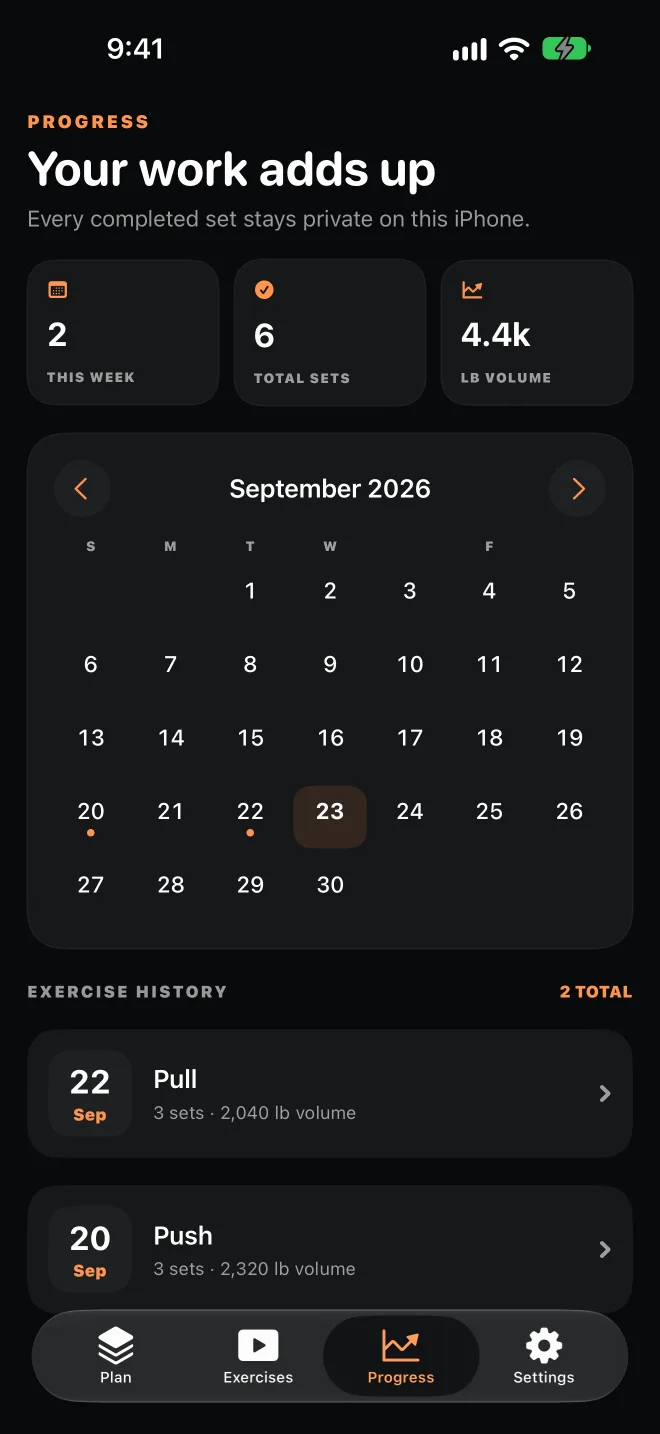 Ahan Gym progress screen with workout totals, calendar, and exercise history