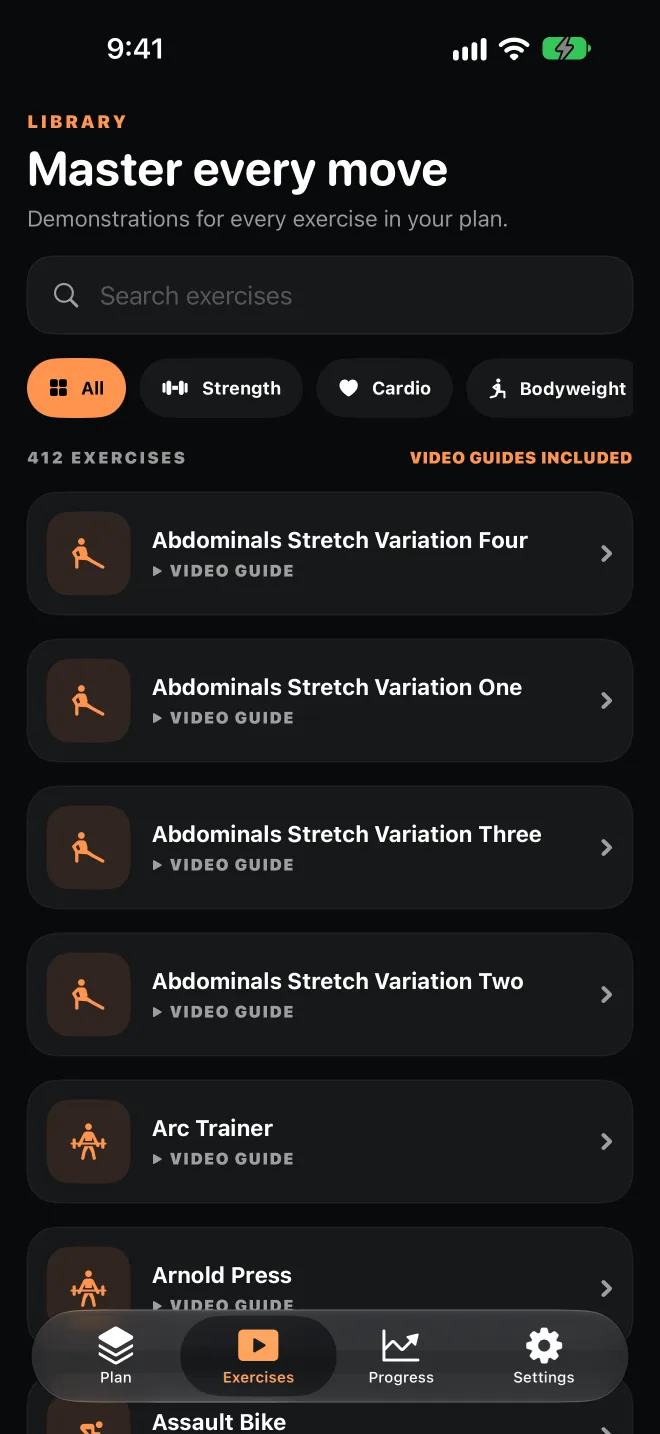 Searchable exercise library with All, Strength, Cardio, and Bodyweight filters