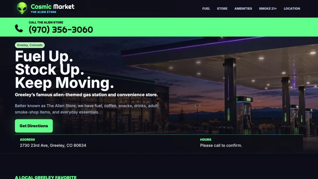 Cosmic Market one-page website with alien-themed branding and a directions button