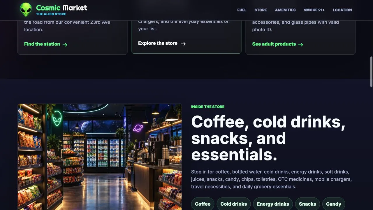 Cosmic Market store section listing coffee, drinks, snacks, and essentials beside illustrative store imagery