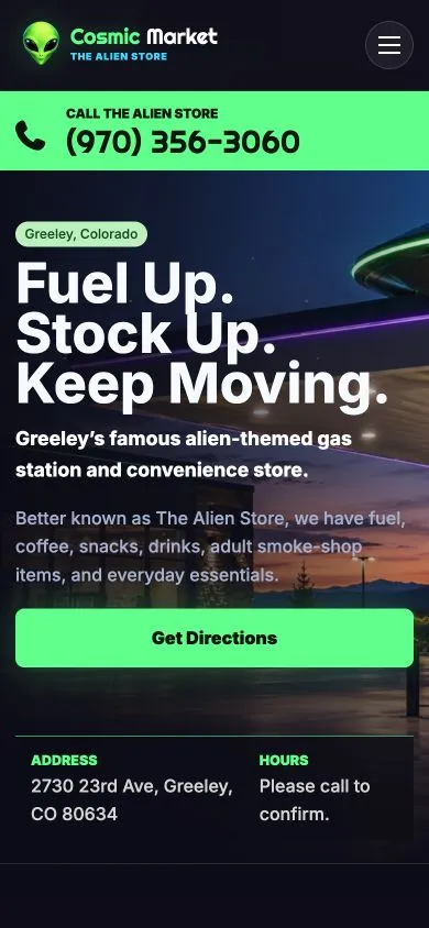 Cosmic Market mobile homepage with call and directions actions above location details