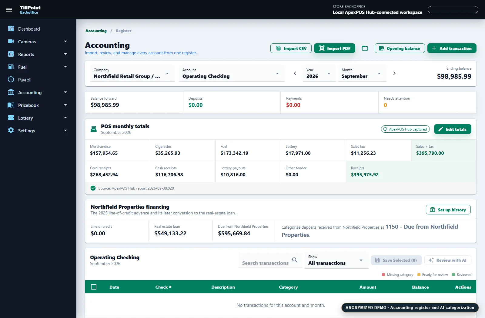 Anonymized TillPoint screen: Accounting register with assisted categorization