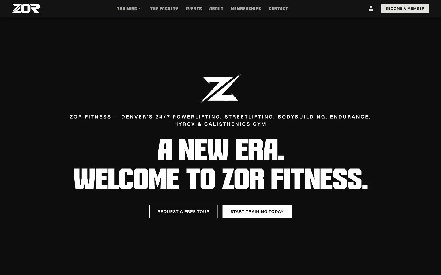 ZOR Fitness desktop homepage with its black and white brand design