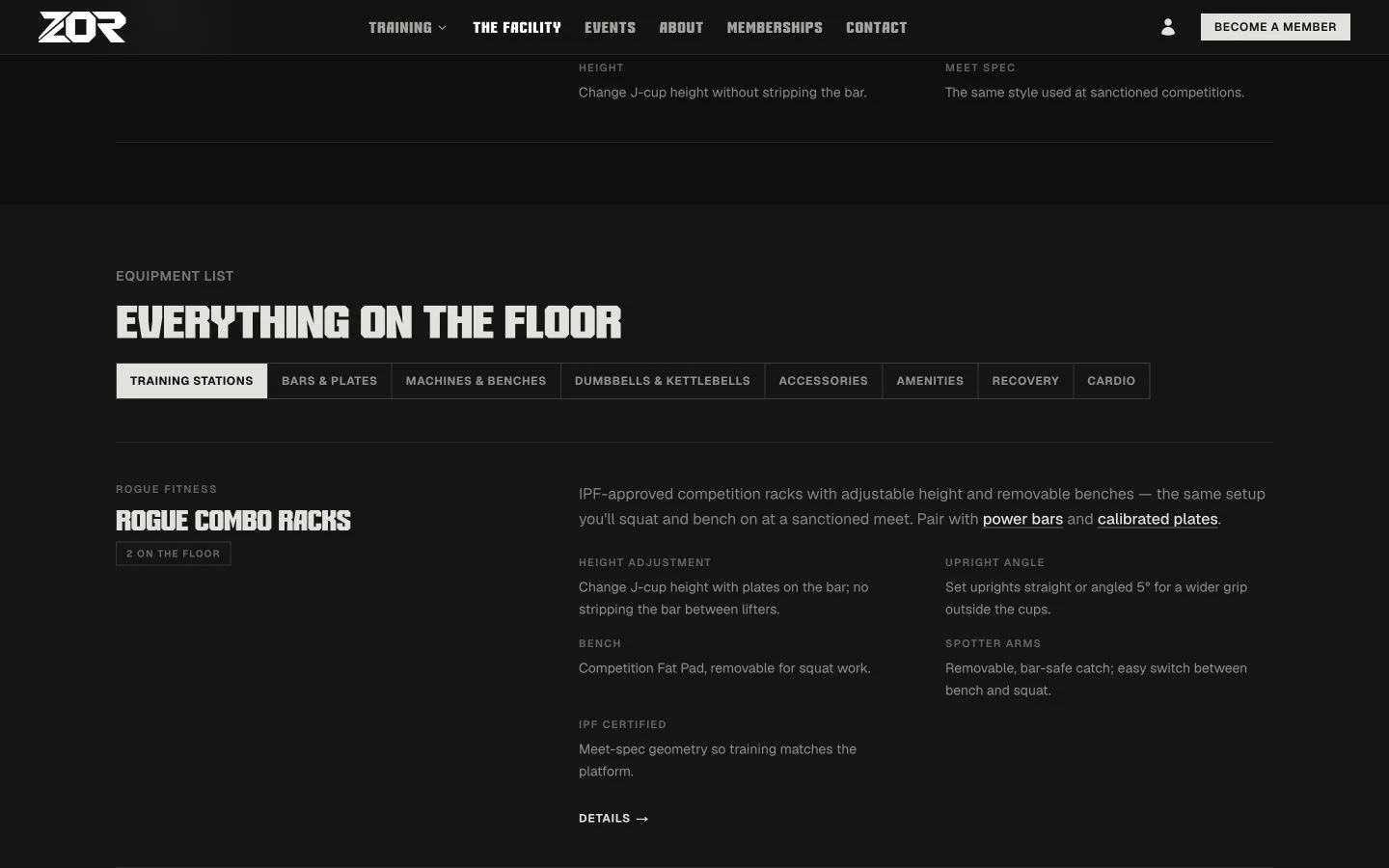 Screenshot of Facility catalog with equipment categories and detailed entries