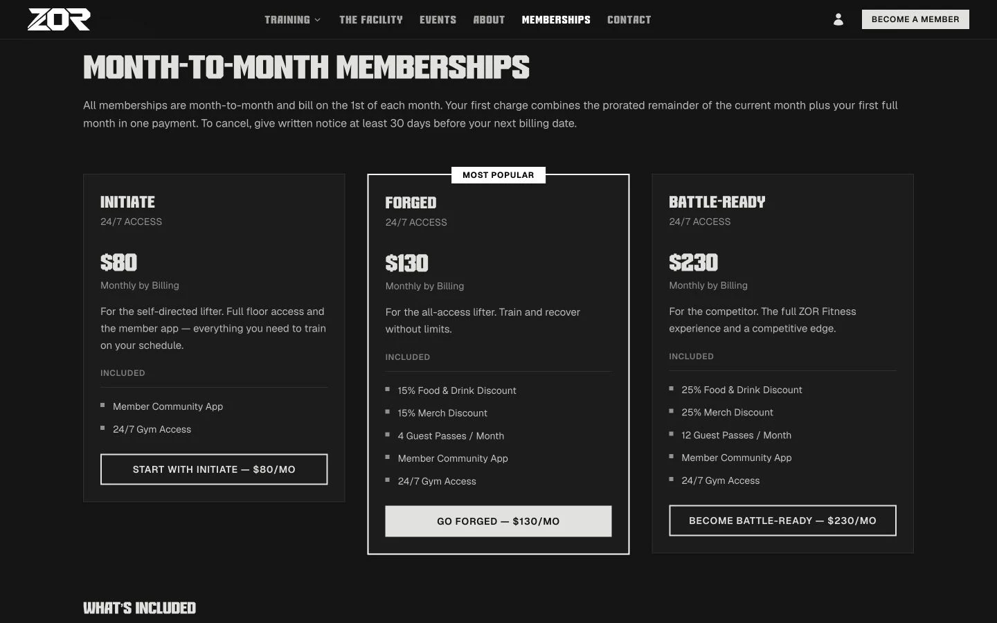 Screenshot of Membership choices with clear routes to checkout