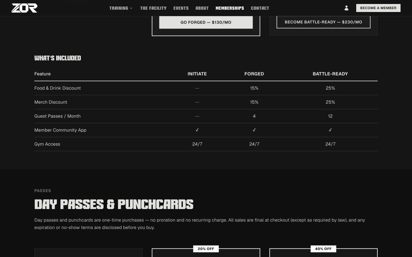 Screenshot of Membership comparison table and day-pass section
