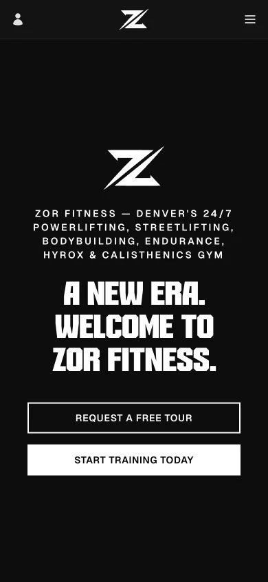 Screenshot of ZOR Fitness mobile homepage